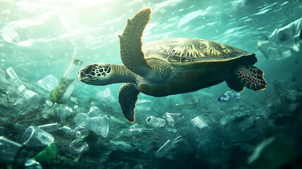 Fototapeta premium sea turtle swimming through a patch of ocean filled with crumpled plastic bottles, emphasizing the environmental impact