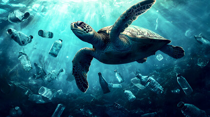Obraz premium sea turtle swimming through a patch of ocean filled with crumpled plastic bottles, emphasizing the environmental impact