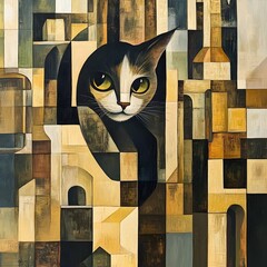 Curious Cat Peeking Through Cubist Inspired Surreal Architecture