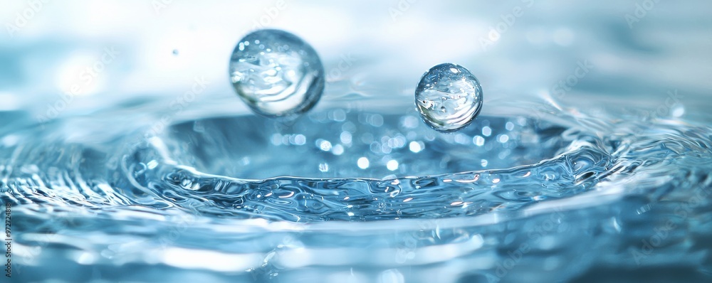 Aufkleber close-up of transparent water droplets falling and creating ripples in a clear liquid surface reflec
