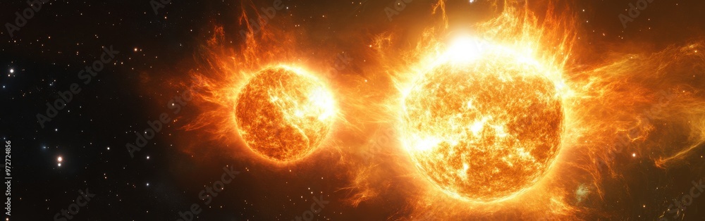 Poster a close-up view of two vibrant stars in a cosmic setting showcasing their fiery surfaces and surroun
