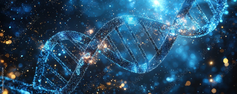 Aufkleber close-up view of intertwining dna strands with glowing blue light and abstract particles in a cosmic