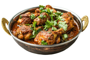 Fototapeta premium Aromatic chicken curry with fresh herbs served in a traditional Indian-style copper pot