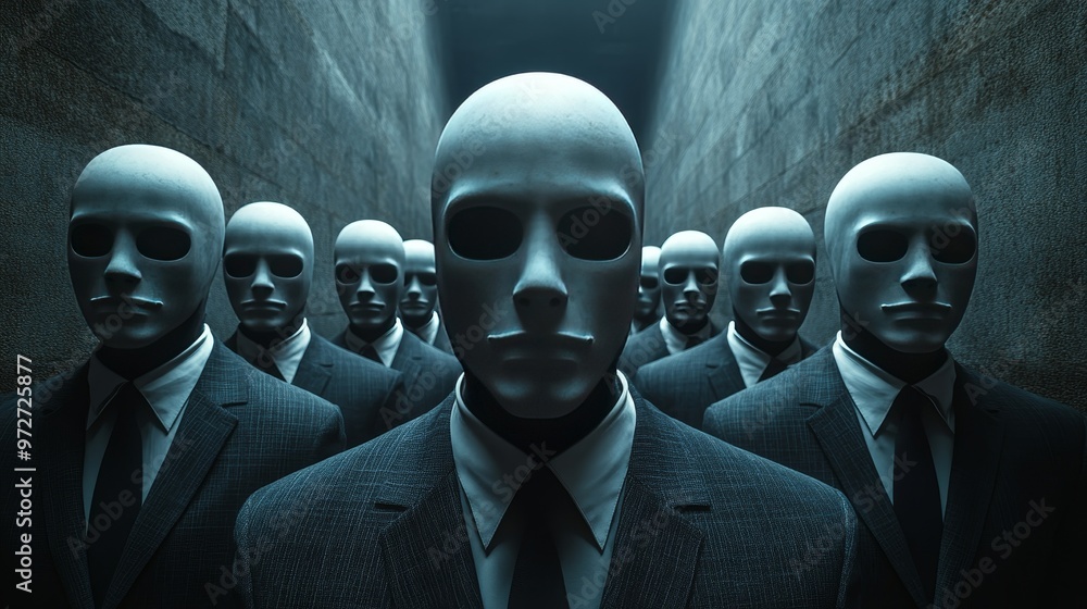 Poster A group of men wearing masks and suits stand in a hallway