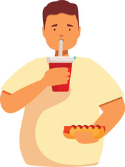 Overweight man enjoying hot dog and drinking soda, unhealthy nutrition and lifestyle concept