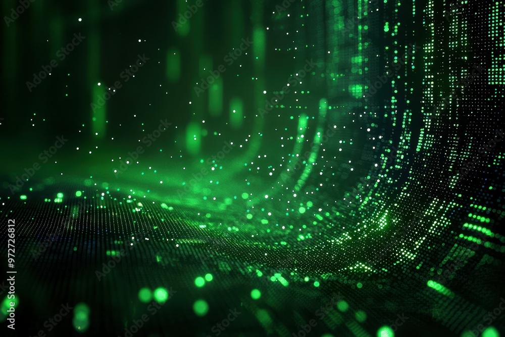 Fototapete abstract green data wave with glowing particles in a digital landscape.