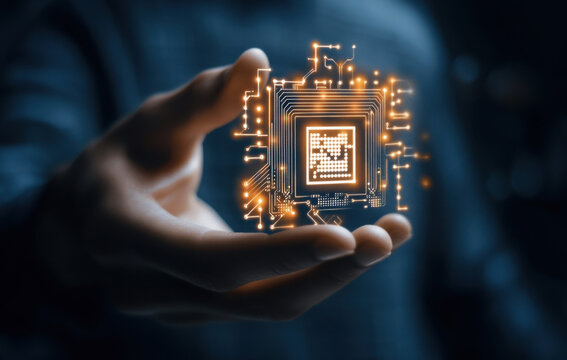 Businessman holding a digital icon of a QR code and microchip with a circuit board on their hand, a technology background for the online shopping concept, with copy space. 