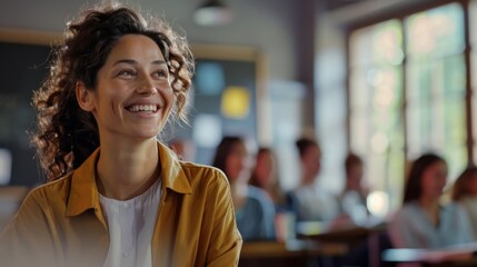 Smiling teacher engaging students during a lively class in a bright classroom setting at midday