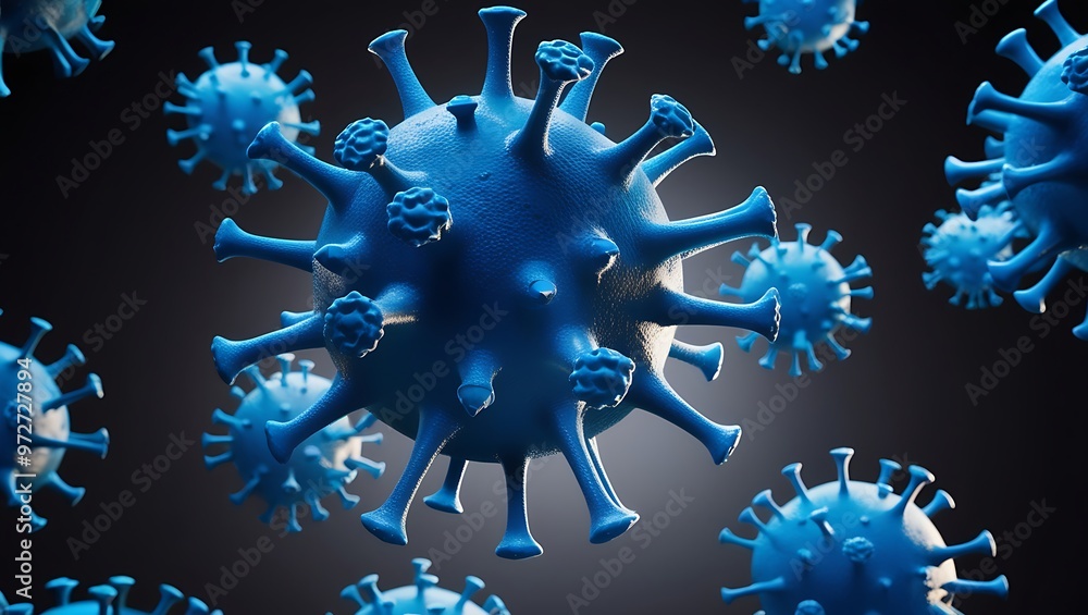 Poster 3d digital illustration of blue, virus-like particles with spiky surfaces floating against a dark ba