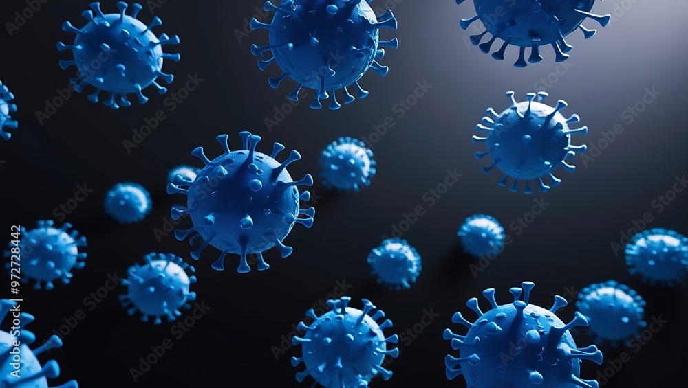 Poster digital illustration of floating blue, spherical virus particles with spiky surfaces on a dark backg