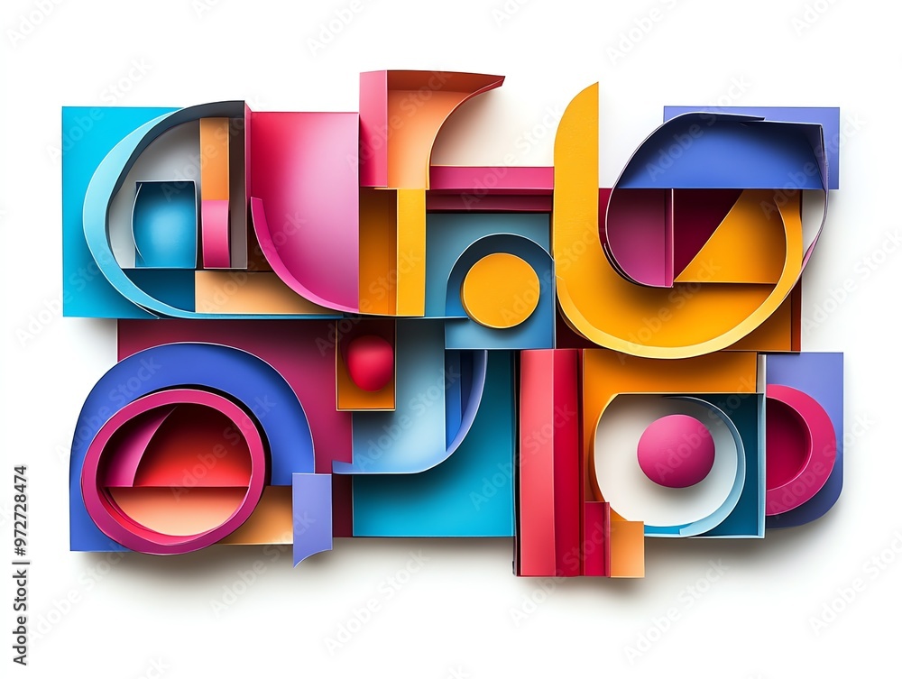 Poster abstract geometric shapes with overlapping layers and 3d effect, creating a colorful, vibrant, and m