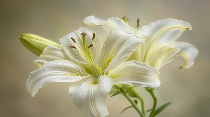 Fototapeta premium Three White Lily Flowers, Blooming Elegantly with Delicate Water Drops on Soft Green Background