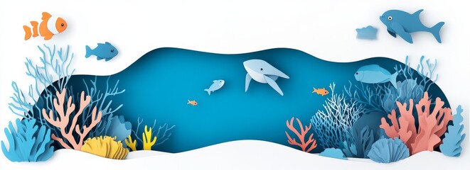 Colorful underwater scene featuring various fish, corals, and sea life in a vibrant, artistic style with paper cutouts representing an ocean habitat beneath a bright backdrop