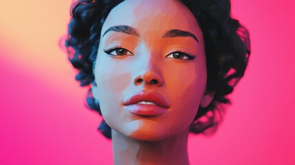 Obraz premium A digital portrait of a young woman with curly hair, illuminated by vibrant colors, showcasing modern artistic techniques and expressive features, set against a striking gradient background