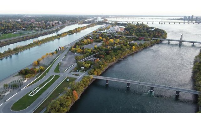 Aerial view of Notre Dame Island Circuit Gilles Villeneuve in autumn sunset time. Montreal, Quebec, Canada.