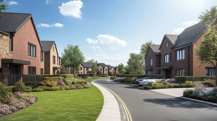 A new residential development featuring modern homes, neatly arranged gardens,