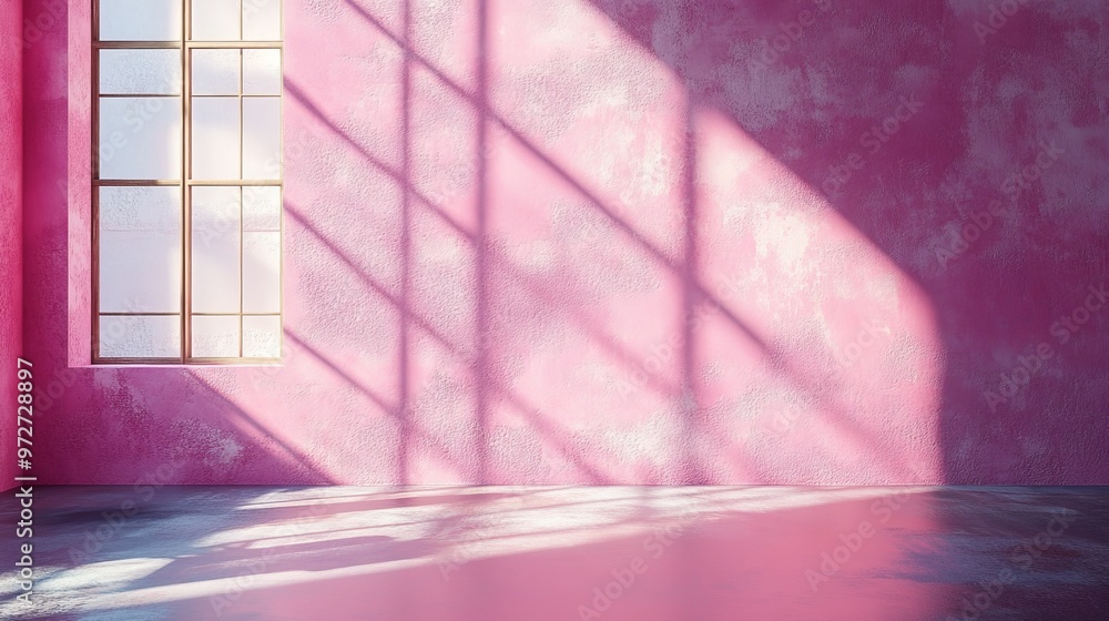 Poster wall interior background, studio and backdrops show products. with shadow from window color pink bac