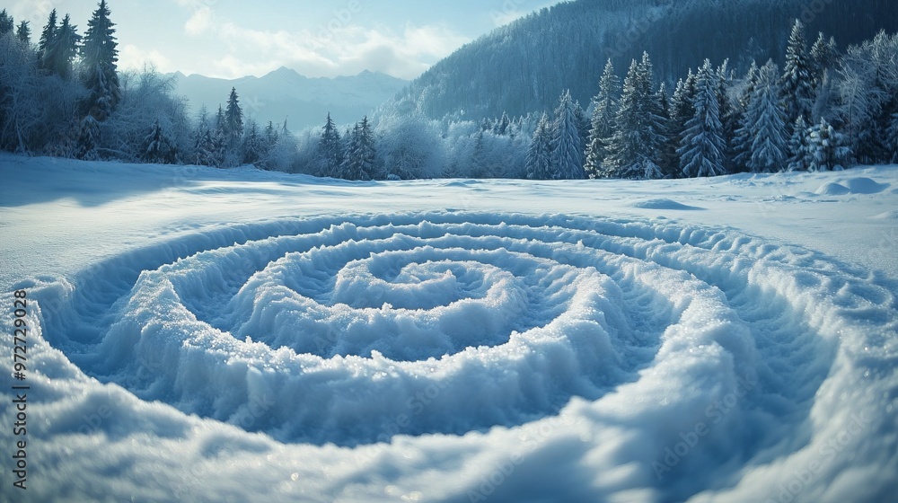 Poster snowflakes arranged in a perfect spiral on a snowy field, each flake contributing to a larger geomet