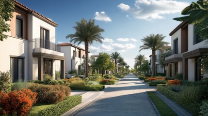Fototapeta premium A new residential development featuring modern homes, neatly arranged gardens,