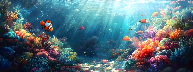 Fototapeta premium Underwater Scene with Colorful Coral Reefs, Fish, and Sea Plants