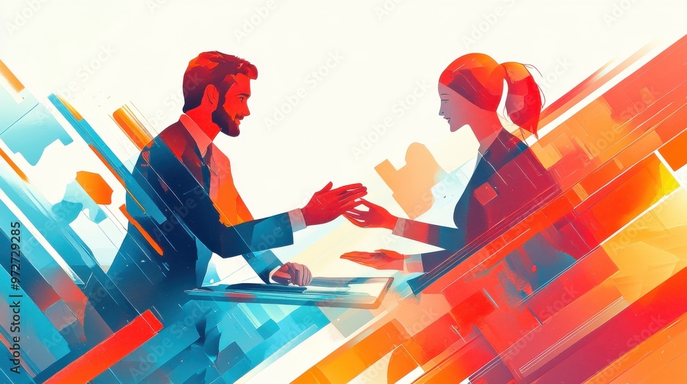 Poster Dynamic business meeting between a man and a woman exchanging ideas in a colorful abstract setting during a modern office environment