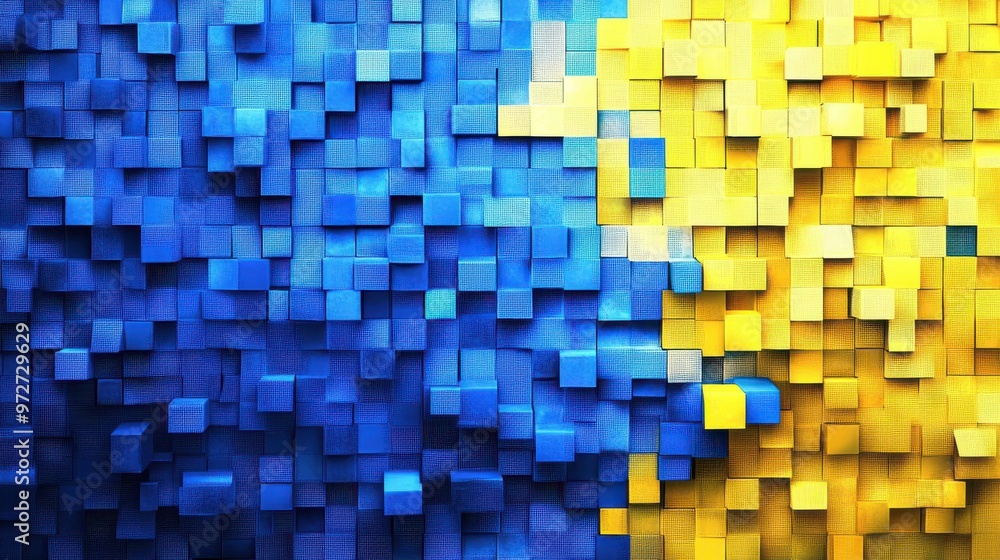 Poster colorful mosaic pattern featuring shades of blue and yellow arranged in squares, creating a vibrant 