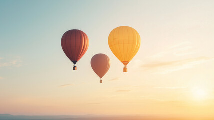 Fototapeta premium Three brightly colored travel balloons, all the same shape and size, hovering together to represent adventure. photo