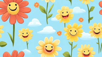 Obraz premium Bright and cheerful flower pattern featuring happy faces and blue sky background with fluffy clouds during sunny day