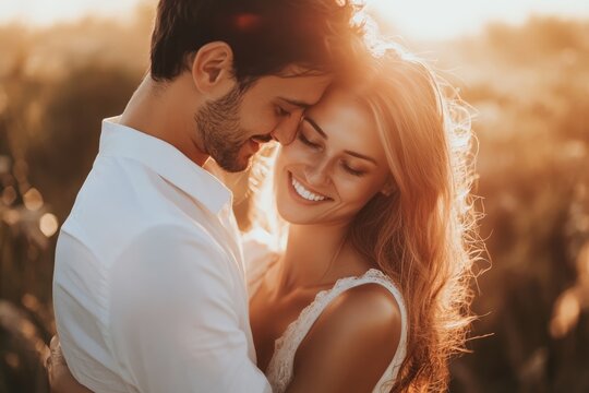 Young couple in love embracing in warm sunlight