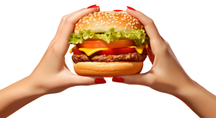 PNG Hand holding burger food hamburger vegetable.