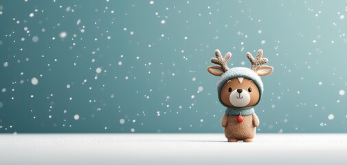 Adorable toy wearing reindeer costume amidst gentle snowfall captures the spirit of winter joy. Pet at Christmas Concept