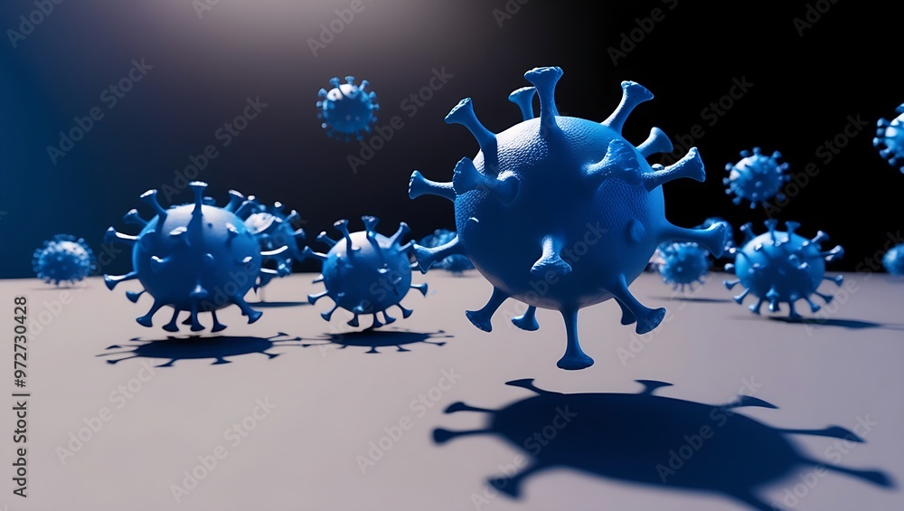 Poster Digital illustration of floating blue, spherical virus particles with spiky surfaces on a dark background. Creates a 3D effect with varying sizes and depths, emphasizing texture.