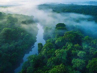 Mist-covered river winding through a lush tropical rainforest at dawn, showcasing the serenity of nature's untouched beauty