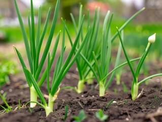  spring onions growing in the garden