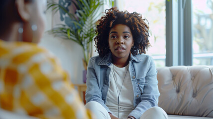 Two women engage in a heartfelt conversation in a bright, sunlit living room, exploring personal experiences and emotions, with greenery visible outside the large windows