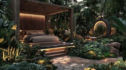 Naklejka premium The modern patio features hexagonal pavers in different shades, minimalist outdoor furniture with sharp edges, geometric planters filled with succulents, and soft sunlight highlighting the sleek