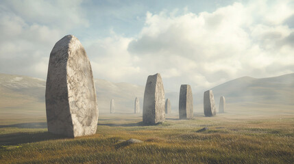 An ancient stone circle monument set in a wide, open landscape, with rugged terrain and cloudy skies adding to the mystical atmosphere. photo