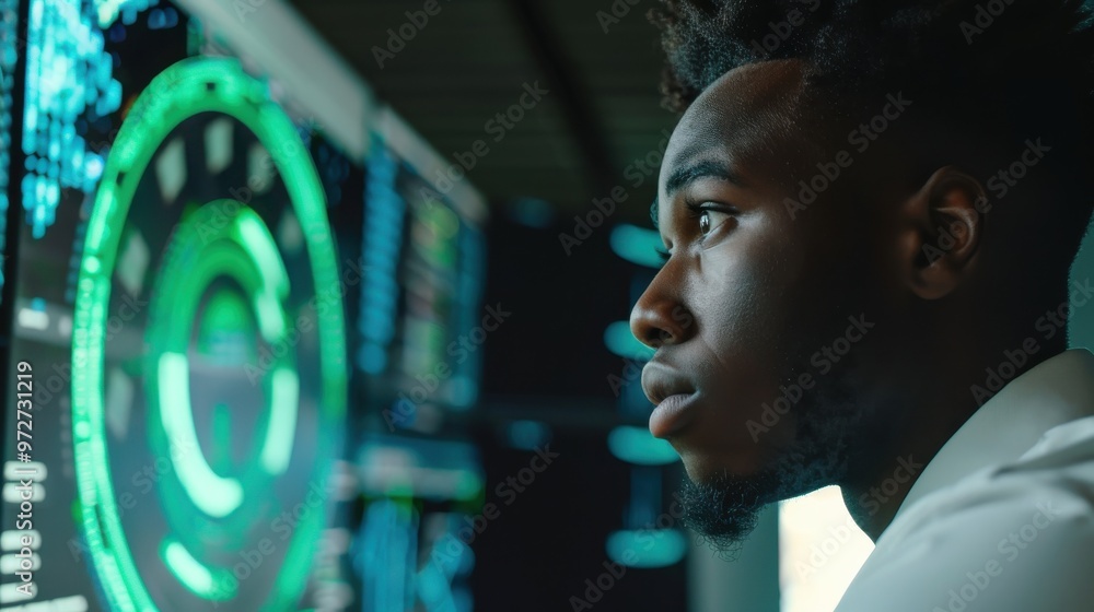 Aufkleber a man is staring at a computer screen with a green circle on it