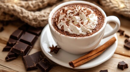 Fototapeta premium Hot chocolate with whipped cream in a cozy caf setting, with a cinnamon stick and chocolate chunks on the saucer beside it.