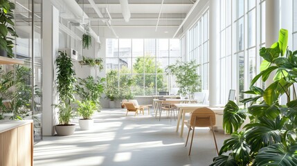 A bright, modern office setting featuring large windows allowing natural light and decorated with plants, creating a fresh and productive environment.
