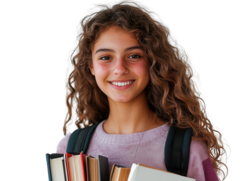 A cheerful student with curly hair holding books, ready for school. Perfect for educational concepts and youth engagement themes.