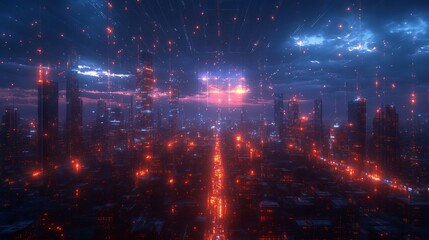 Fototapeta premium Night city panorama with network hologram
