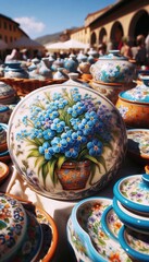 italienische T&ouml;pferwaren mit einem Vergissmeinnicht Motiv auf einem Markt in Italien