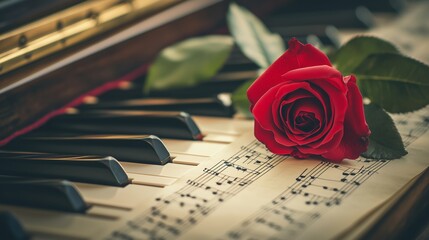 A red rose elegantly placed on piano keys beside sheet music during a tranquil afternoon