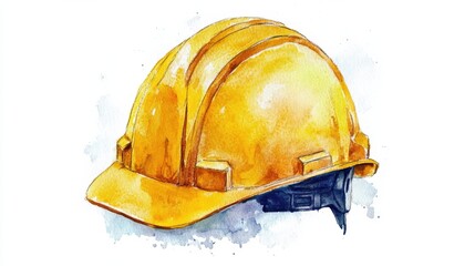 A bright yellow construction helmet resting on a flat surface with a watercolor background illustrating a work environment