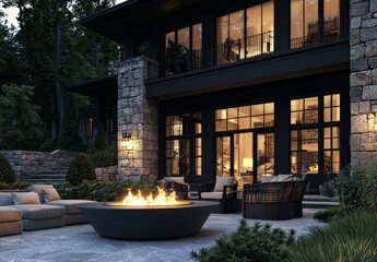 Illustration of a concrete fire pit on a modern outdoor patio