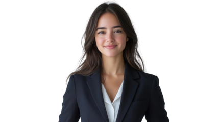 A confident young woman in a formal suit, representing professionalism in a modern business environment.