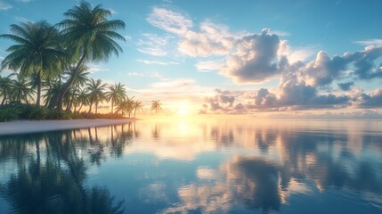 Serene tropical lagoon at sunrise, with calm waters reflecting the sky and palm trees lining the shore. 4K hyperrealistic photo.