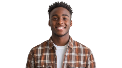 A smiling young man in a plaid shirt exuding confidence and positivity, perfect for lifestyle and personal branding projects.