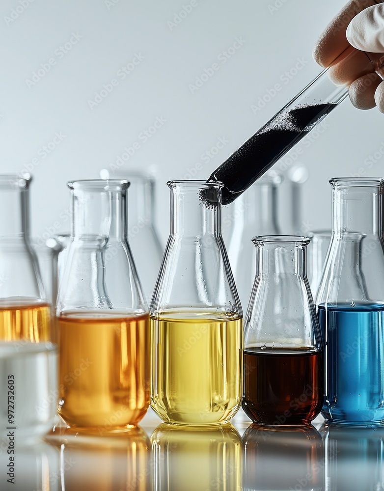 Poster close-up of various beakers and flasks with colored liquids in a laboratory setting, showcasing scie